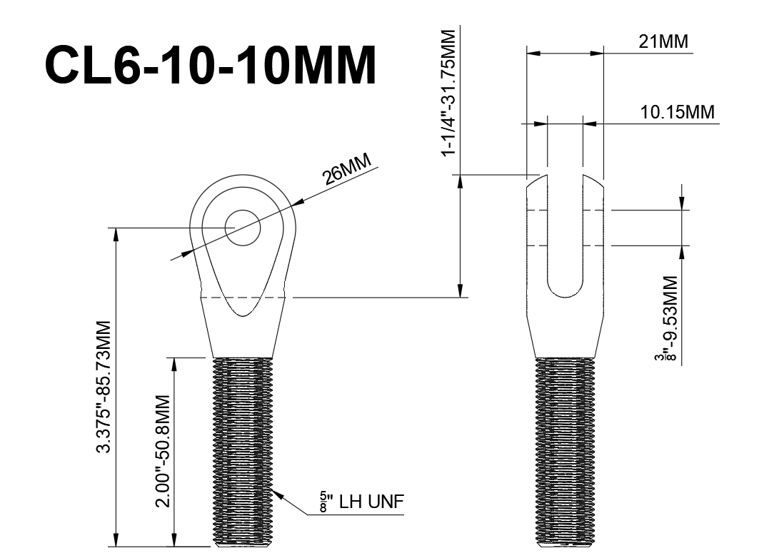 5/8"-3/8"-10mm CHROMOLY CLEVIS- LEFT HAND